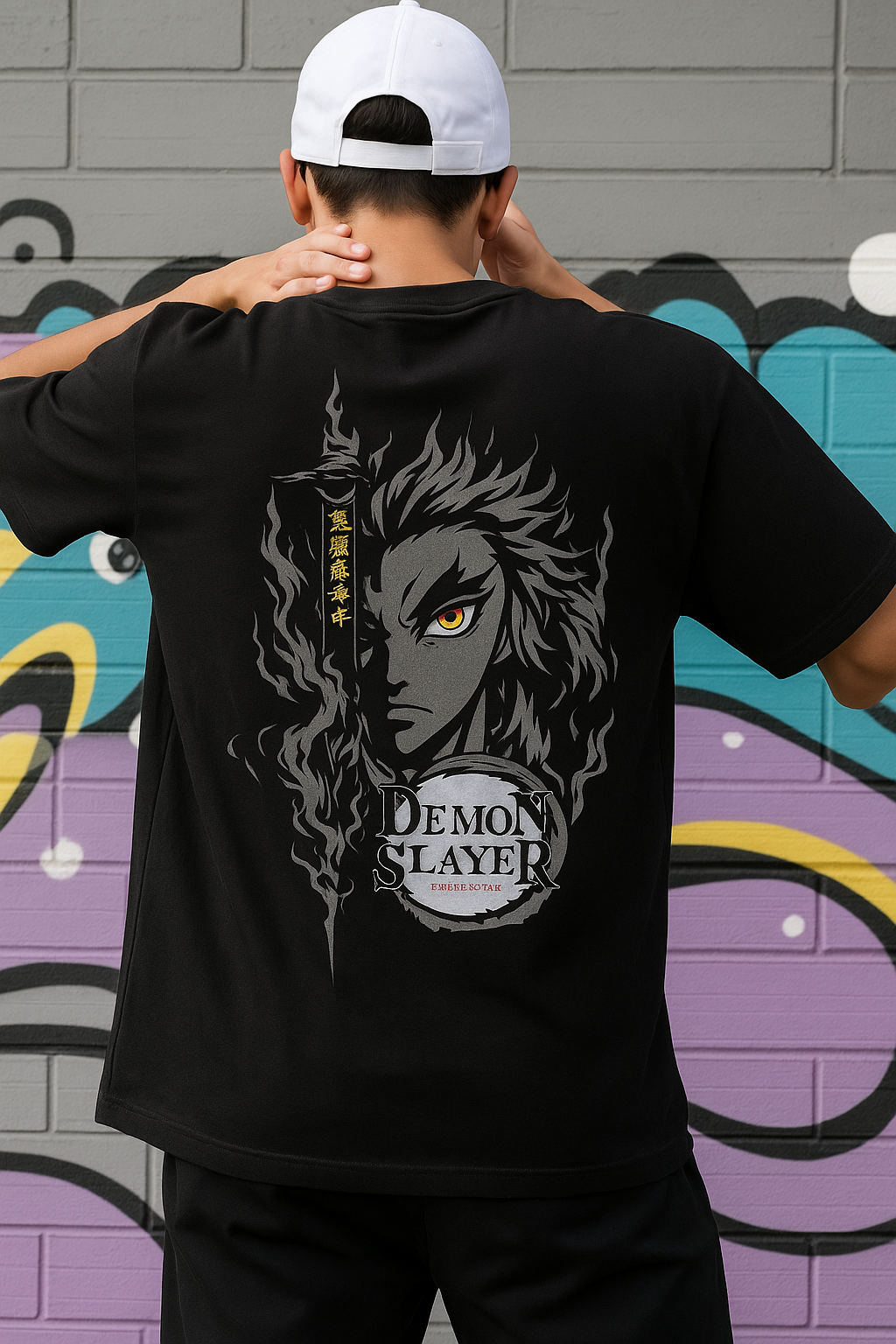 Demon Slayer Rengoku Oversized Black Cotton T-Shirt for Men