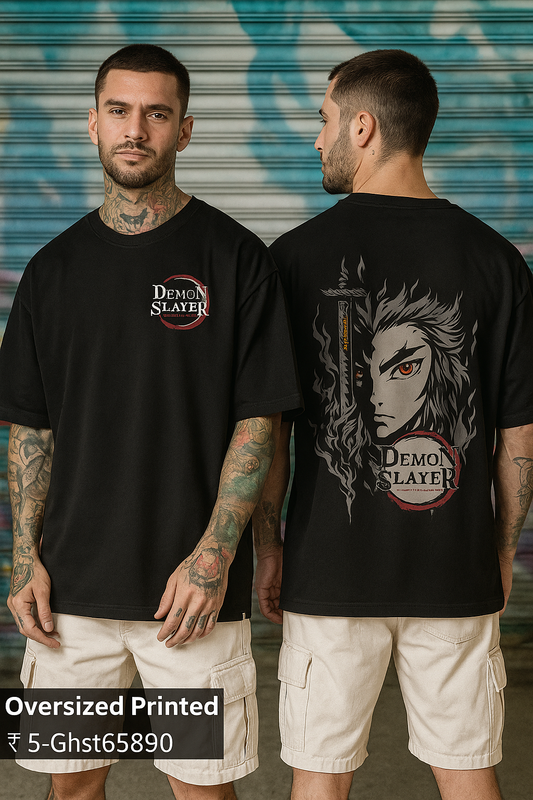 Demon Slayer Rengoku Oversized Black Cotton T-Shirt for Men